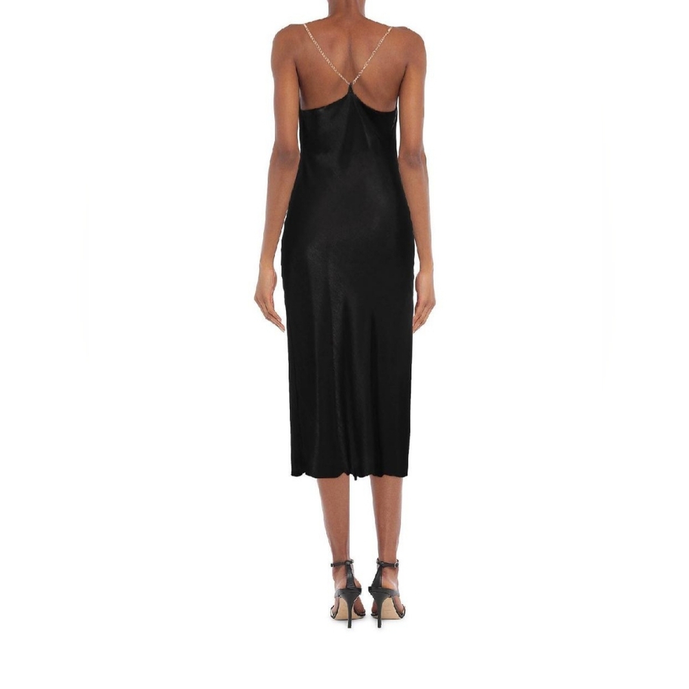 VANESSA SCOTT satin cowl neck black dress with gold chain straps in size M/L
